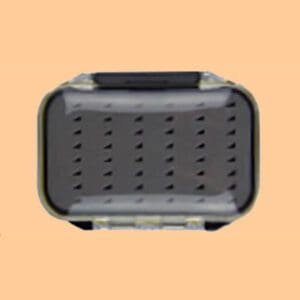 A gray and black pet carrier with ventilation holes.