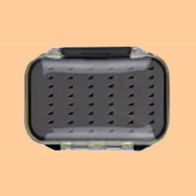 A gray and black pet carrier with ventilation holes.