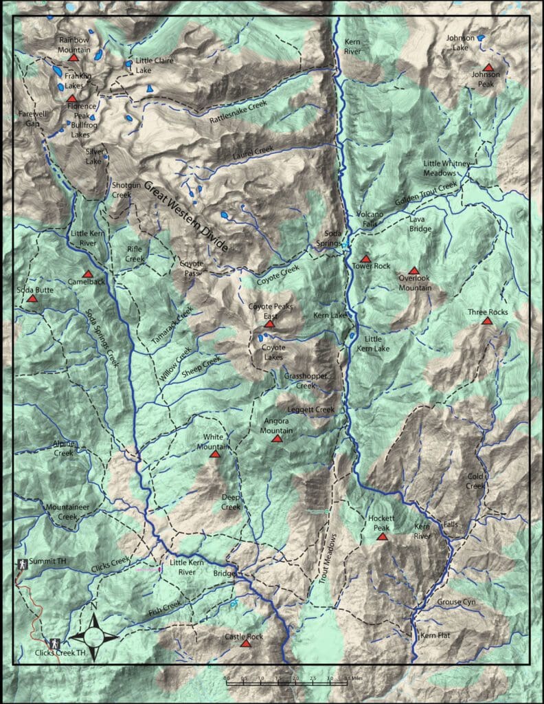 Topographical map showing elevation changes and water bodies in a mountainous area.