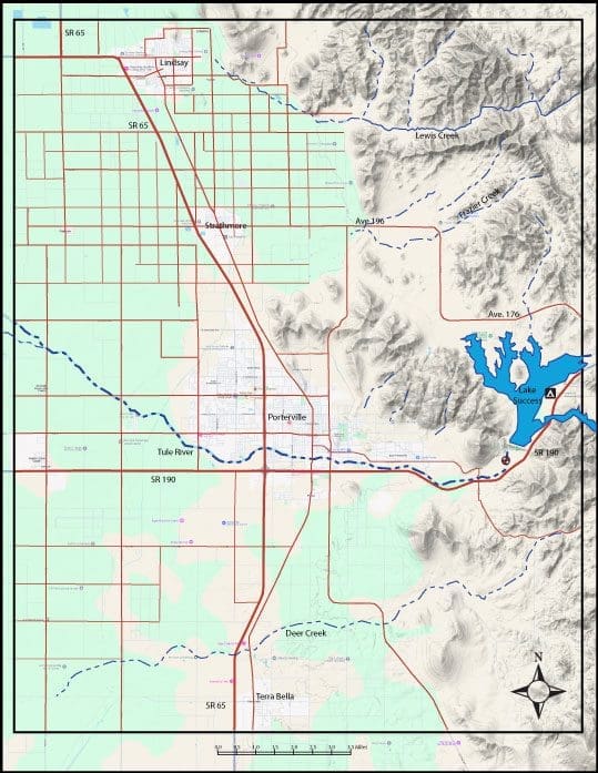 Topographic map showing roads, water bodies, and terrain features.