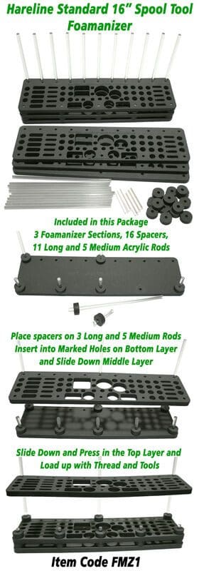 Assembly kit with foamainers, spacers, and acrylic rods for organizing.