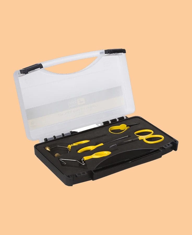A black and yellow tool kit with various hand tools inside a transparent plastic case.