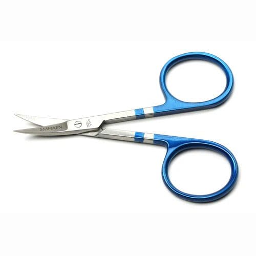 Small curved scissors with blue handles on a white background.