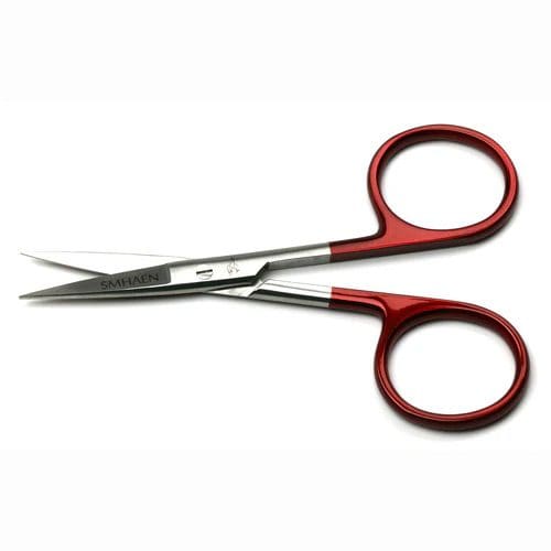 Small scissors with red handles on a white background.