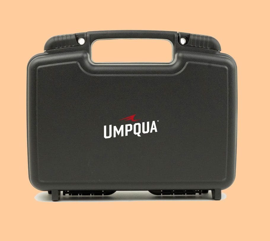 Black hard case with Umpqua logo on a beige background.