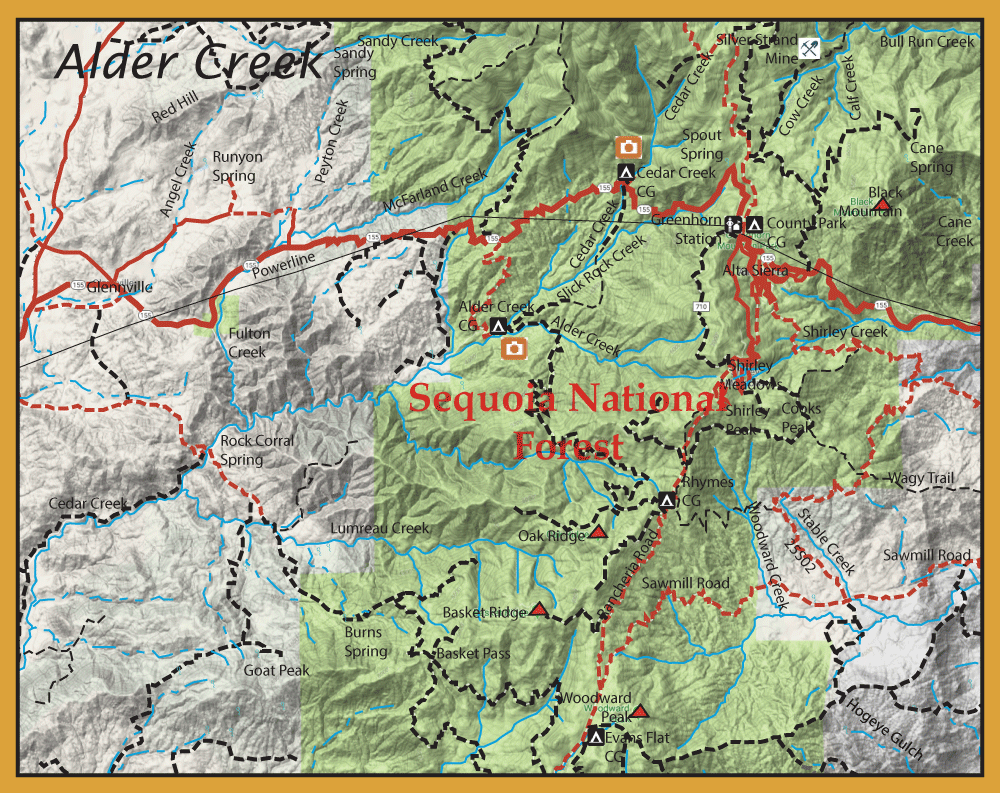 Topographic map of Sequoia National Forest showing trails, roads, creeks, and campgrounds with symbols and a tan border.