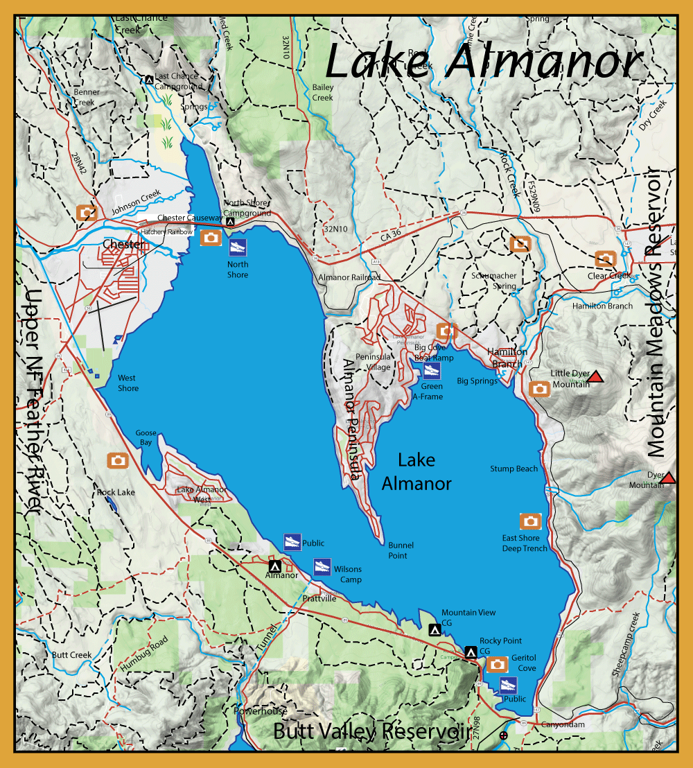 Detailed map of Lake Almanor and surrounding towns, roads, campgrounds, and reservoirs in a mountainous region.