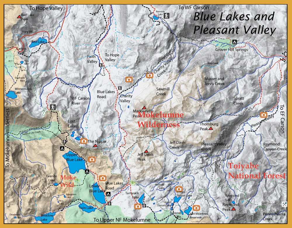 Topographic map of Blue Lakes and Pleasant Valley area in Mokelumne Wilderness, showing trails, lakes, and creeks, with surrounding forests and borders clearly labeled.