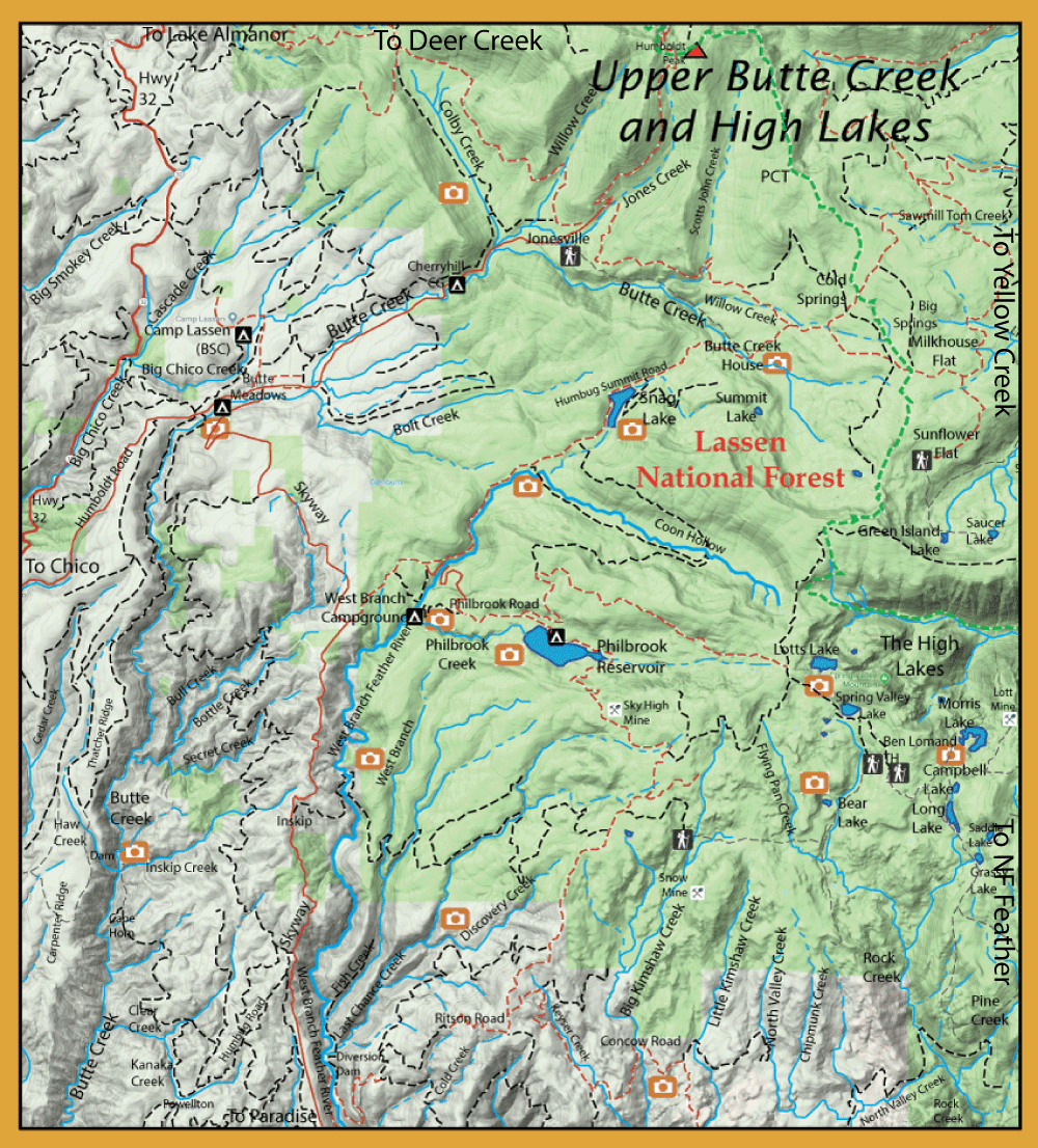 Topographic map of Lassen National Forest showing roads, streams, trails, and campground/viewpoint icons in the Upper Butte Creek area.
