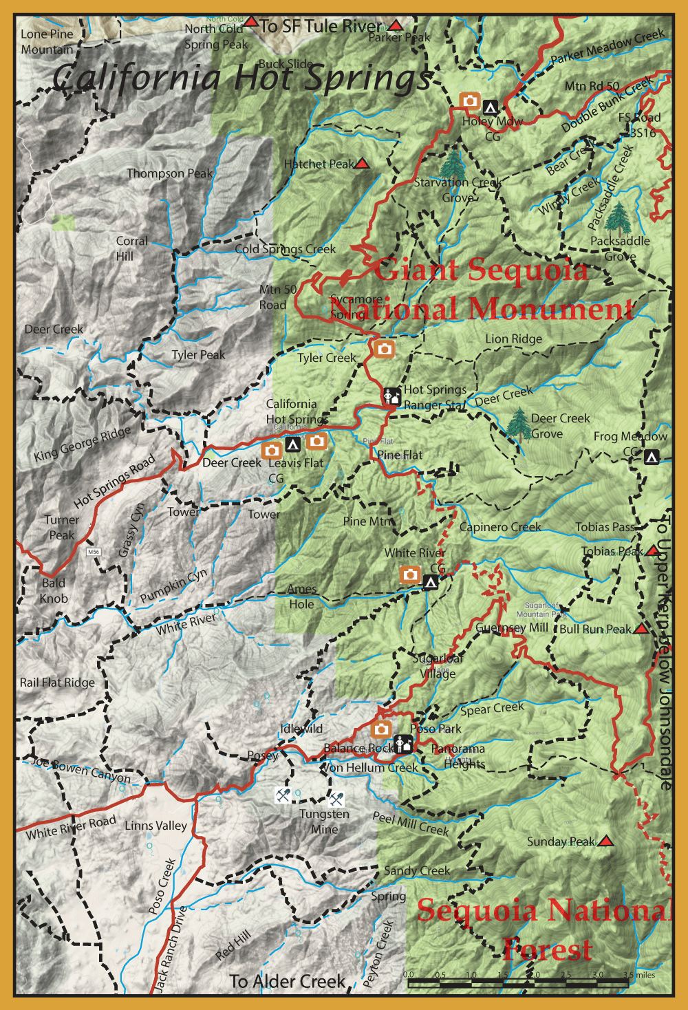Topographic map of Giant Sequoia National Monument within Sequoia National Forest, showing green valleys, blue rivers, red roads and trails, and multiple park/campground symbols with bold red labels.