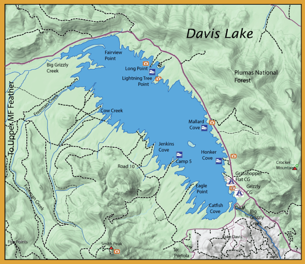 Topographic map of Davis Lake area showing trails, coves, and nearby creeks around the lake.