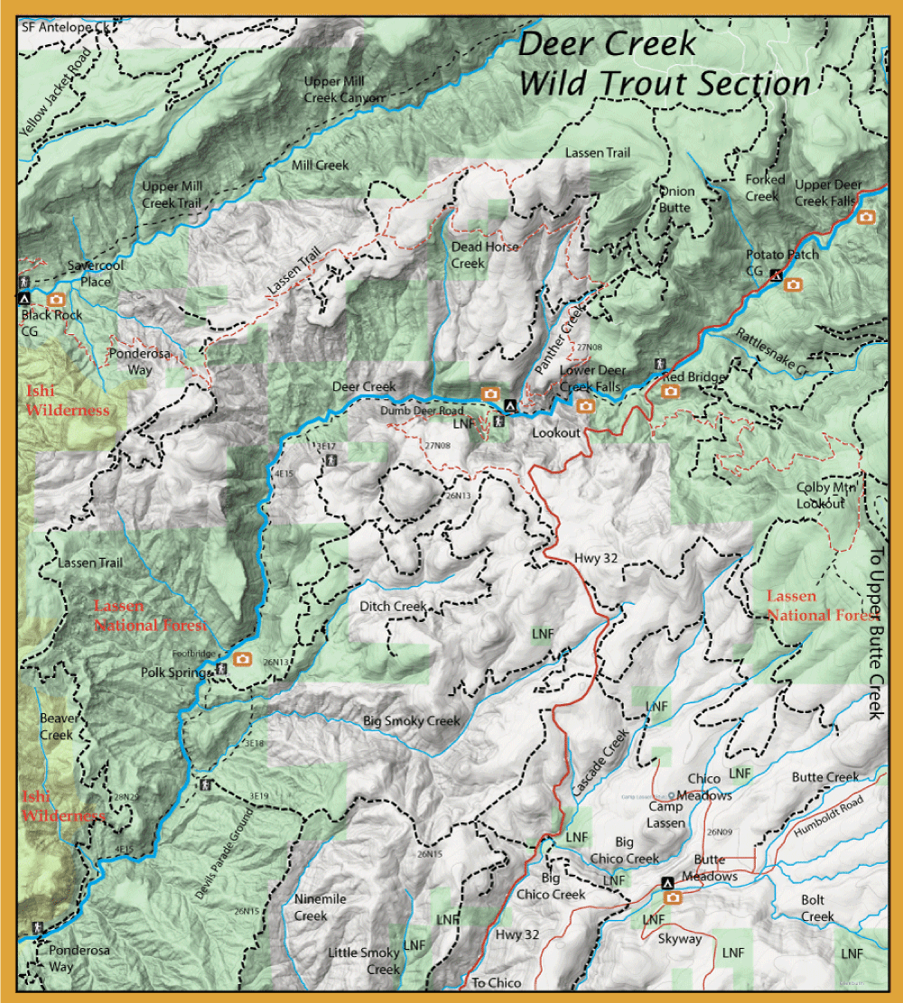 Topographic map of the Deer Creek Wild Trout Section showing trails, creeks, and roads around Lassen National Forest in green and tan terrain colored features