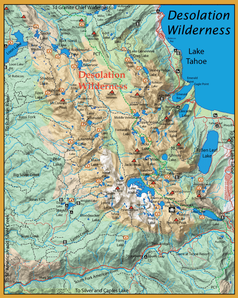 Topographic map of Desolation Wilderness near Lake Tahoe, showing trails, lakes, peaks, and camp icons.