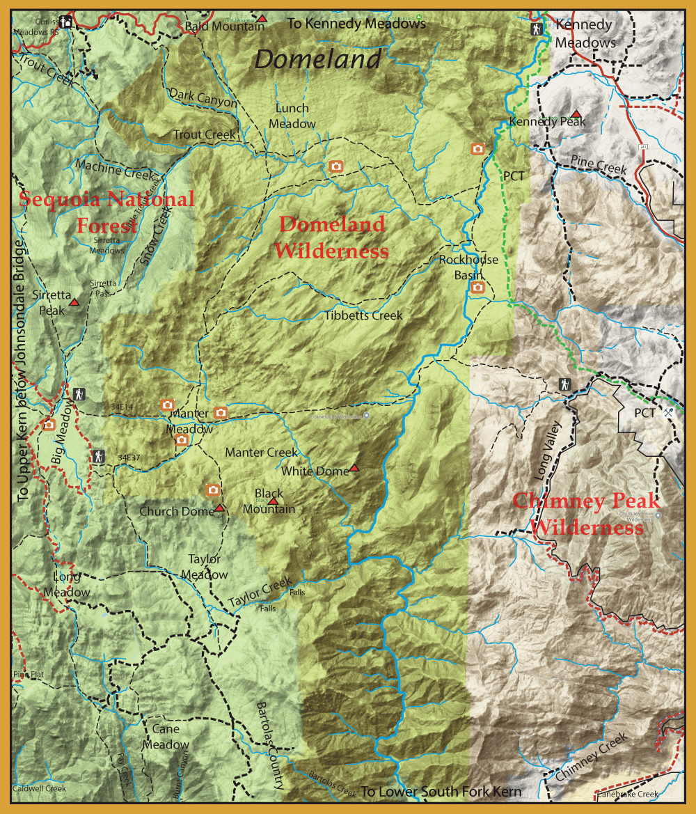 Topographic map of Domeland Wilderness in Sequoia National Forest showing trails, creeks, and surrounding boundaries (Chimney Peak Wilderness area visible).