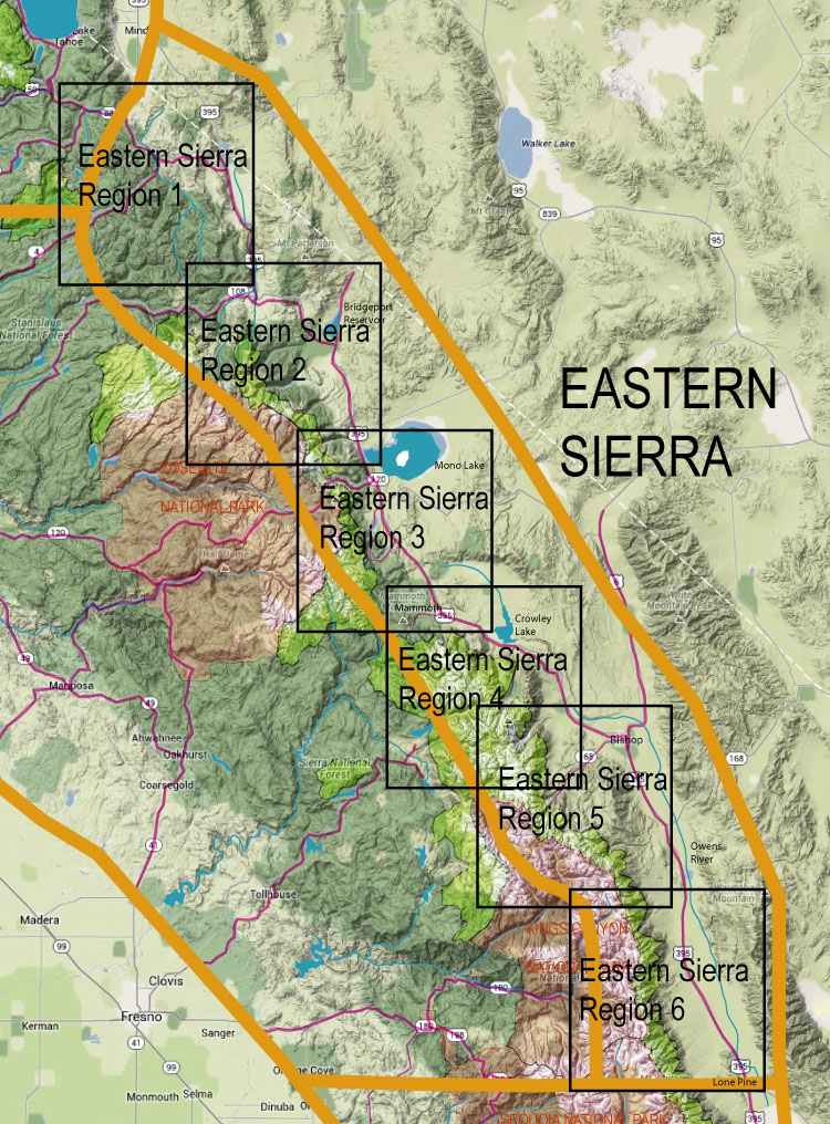 Map of the Eastern Sierra divided into six labeled regions with bold orange boundarylines surrounding the area showing regional boxes 1–6 as a path across the map.