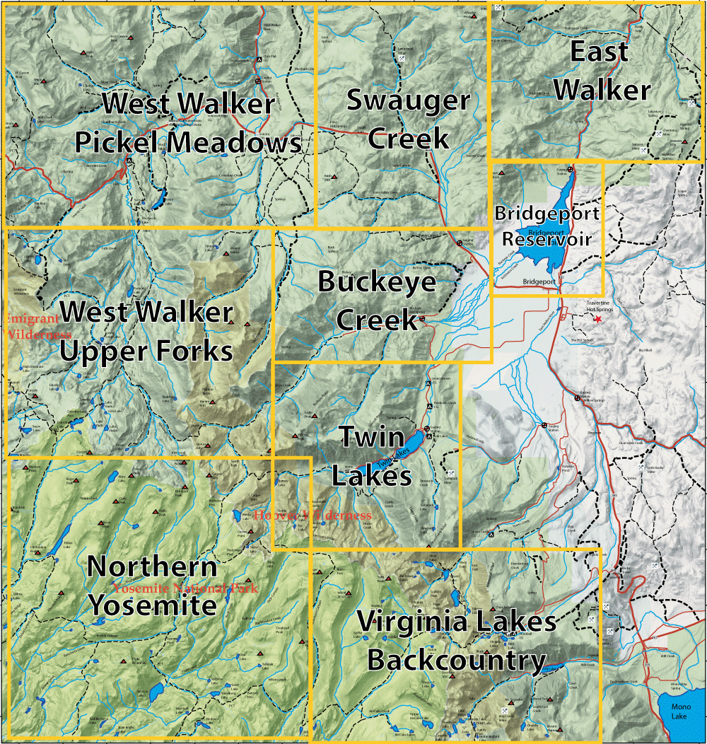 Collage-like regional map with yellow borders showing West Walker, Pickel Meadows, Swauger Creek, Buckeye Creek, Twin Lakes, Northern Yosemite, Virginia Lakes Backcountry, East Walker, Bridgeport Reservoir, and surrounding terrain.