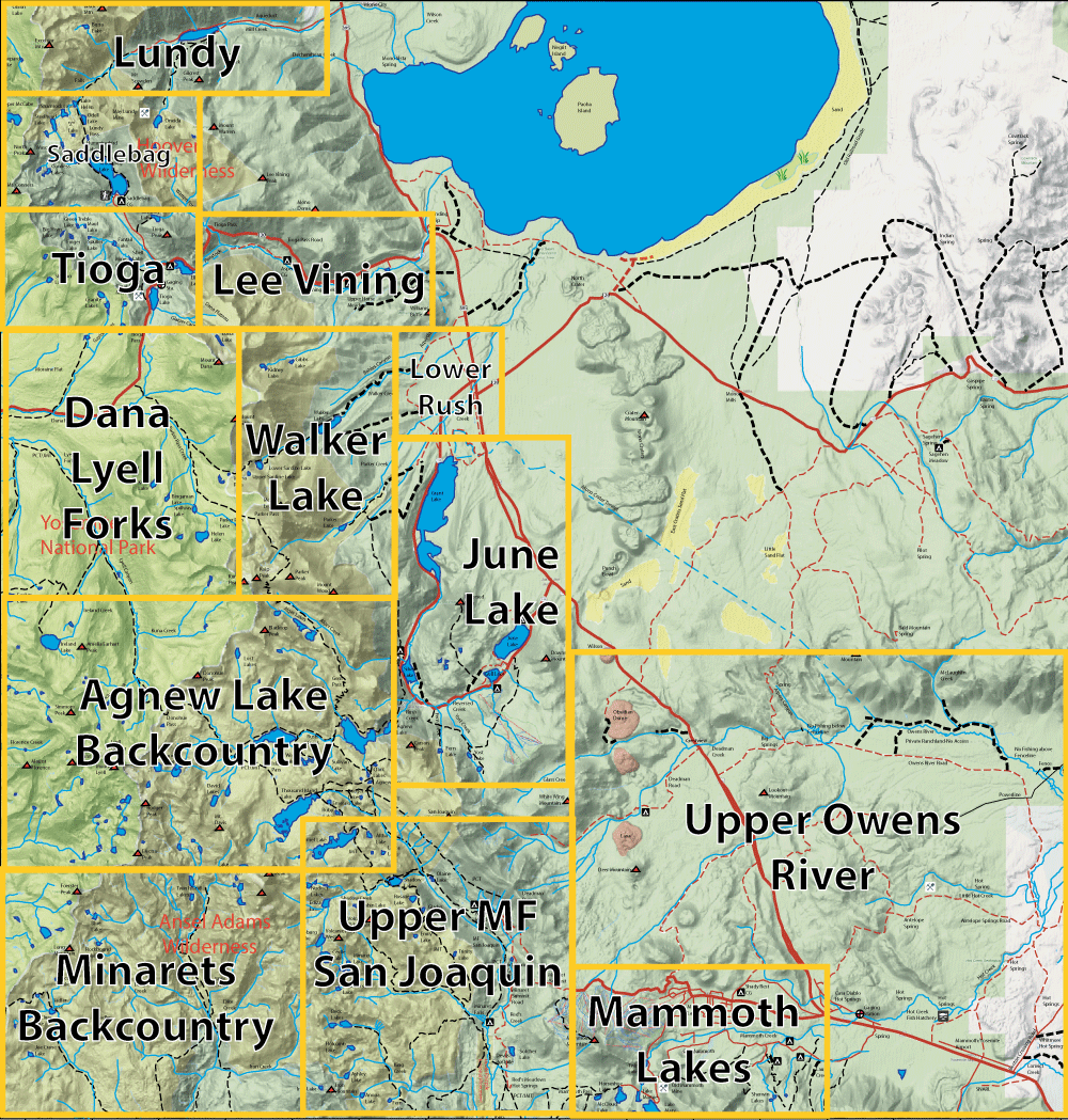 Map of the eastern Sierra region with labeled towns and lakes, with yellow frames highlighting specific areas (e.g., Lundy, Tioga, Lee Vining, June Lake, Mammoth Lakes, Upper Owens River).