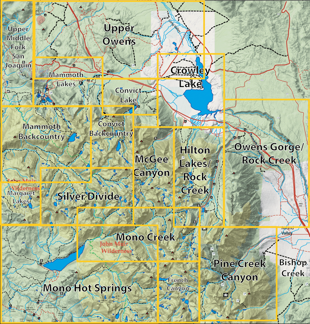 Map of the Eastern Sierra with a yellow grid highlighting regions like Mammoth, Crowley Lake, Mono Creek, Hilton Lakes/Rock Creek, and Owens Gorge/Rock Creek