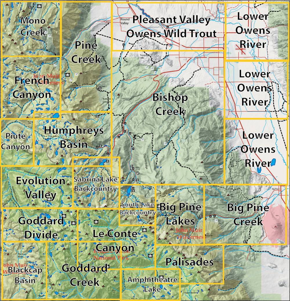 Topographic map with a yellow grid showing canyons, creeks, and lakes with labels like Mono Creek, French Canyon, Evolution Valley, and Big Pine Lakes.