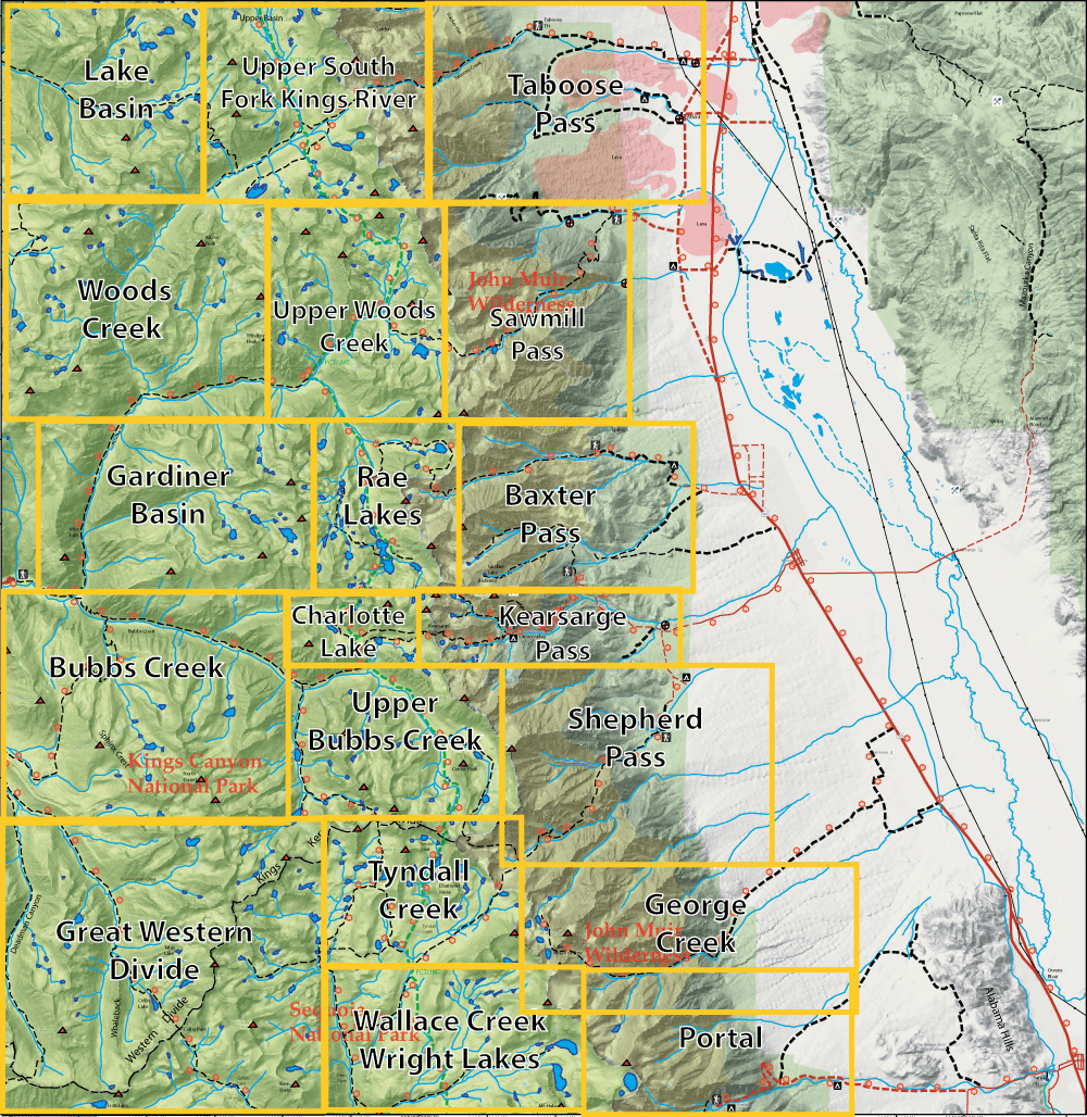 Topographic map of Kings Canyon region with labeled basins and passes, including Rae Lakes and Shepherd Pass.