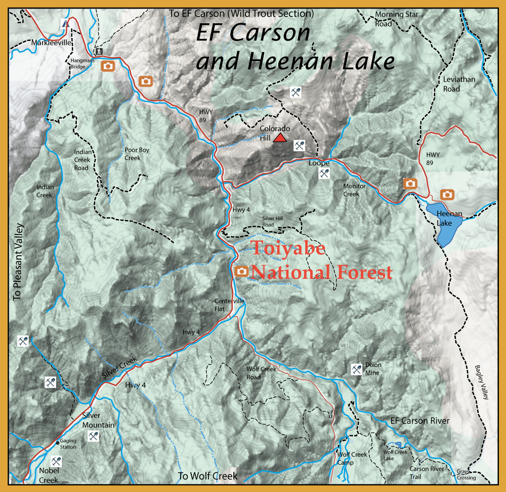 Topographic map of EF Carson and Heenan Lake area in Toiyabe National Forest, showing roads, trails, streams and landmarks.