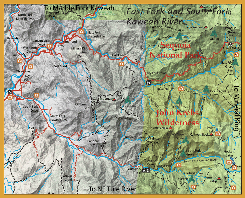 Topographic map of Sequoia National Park and John Krebs Wilderness around the Kaweah River, showing trails, rivers, and camp icons with elevation shading.