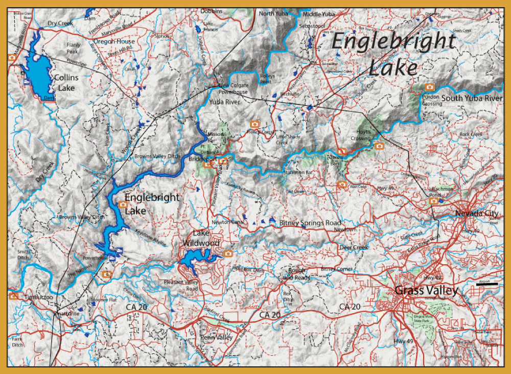 Topographic map showing Englebright Lake in Nevada County, with Grass Valley to the southeast and surrounding roads (CA-20) and rivers marked around the lake.