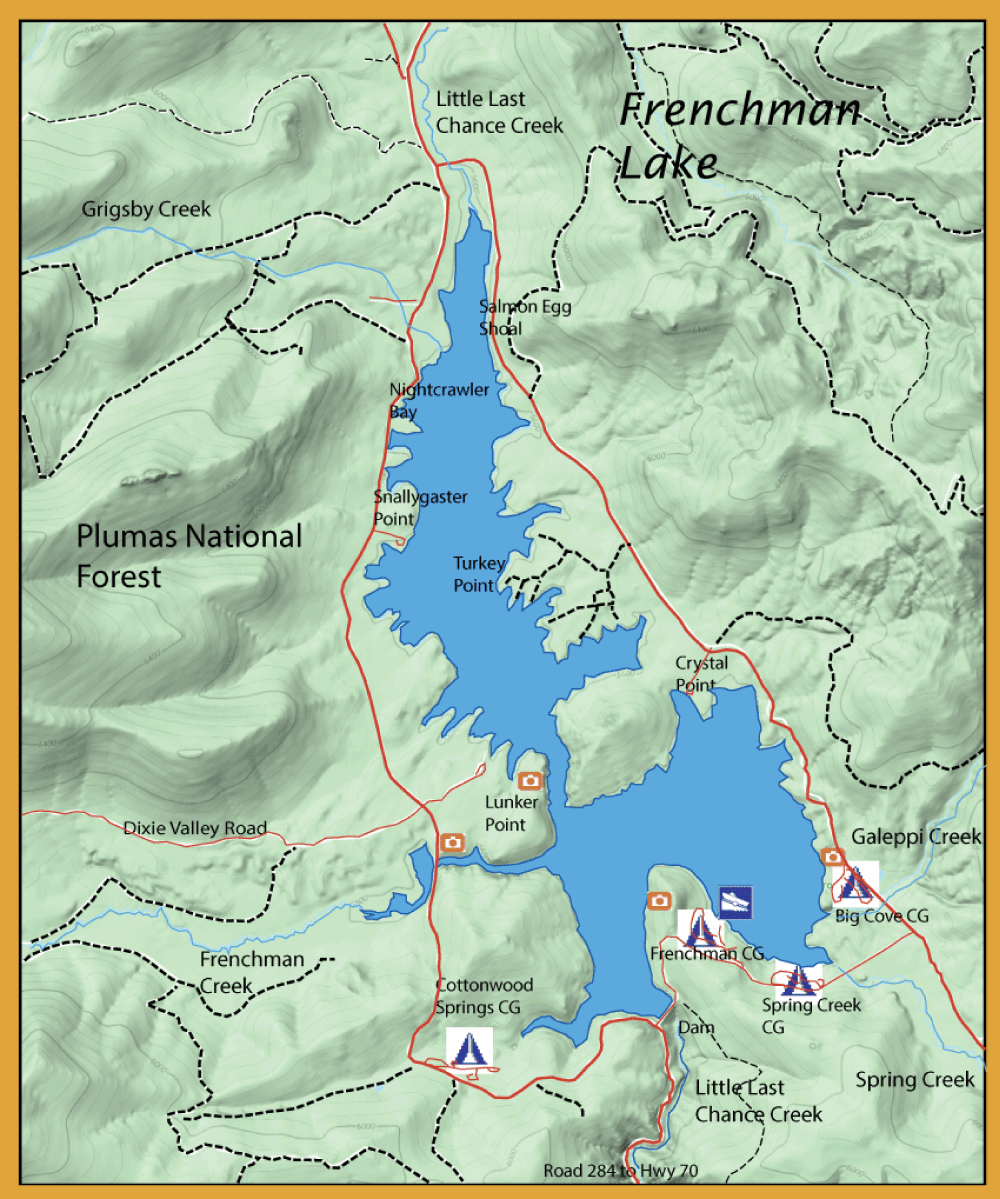 Topographic map of Frenchman Lake in Plumas National Forest showing trails, roads, and labelled points around the lake (Frenchman CG, Big Cove CG, campgrounds).