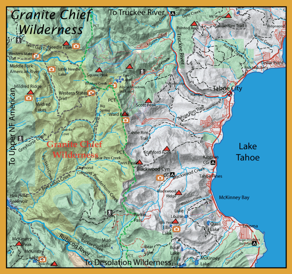 Topographic map of Granite Chief Wilderness west of Lake Tahoe showing trails, peaks, lakes, and terrain shading.