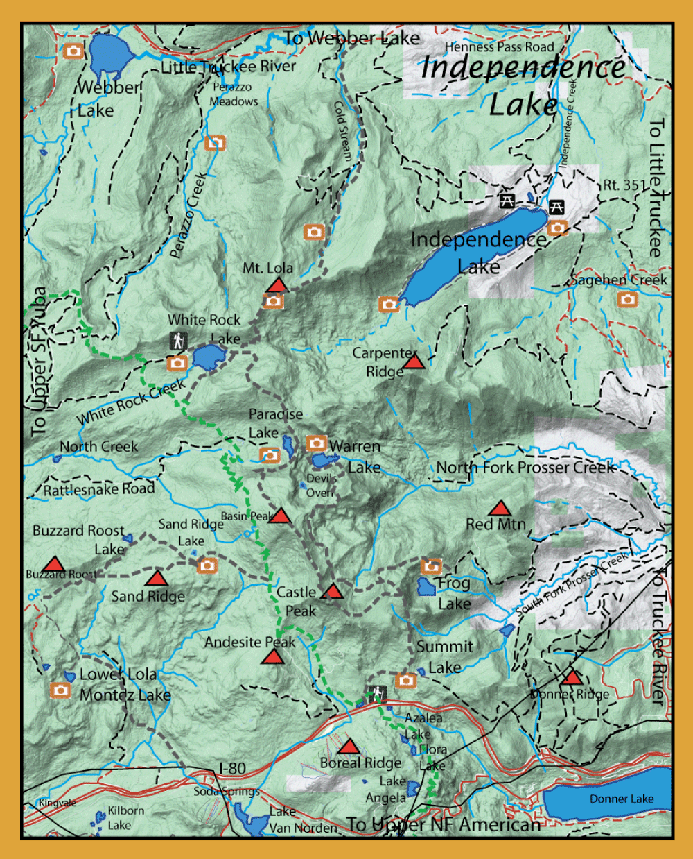 Topographic map of Independence Lake region showing lakes, peaks (Castle Peak, Andesite Peak, Red Mountain), creeks, trails, and camera viewpoints