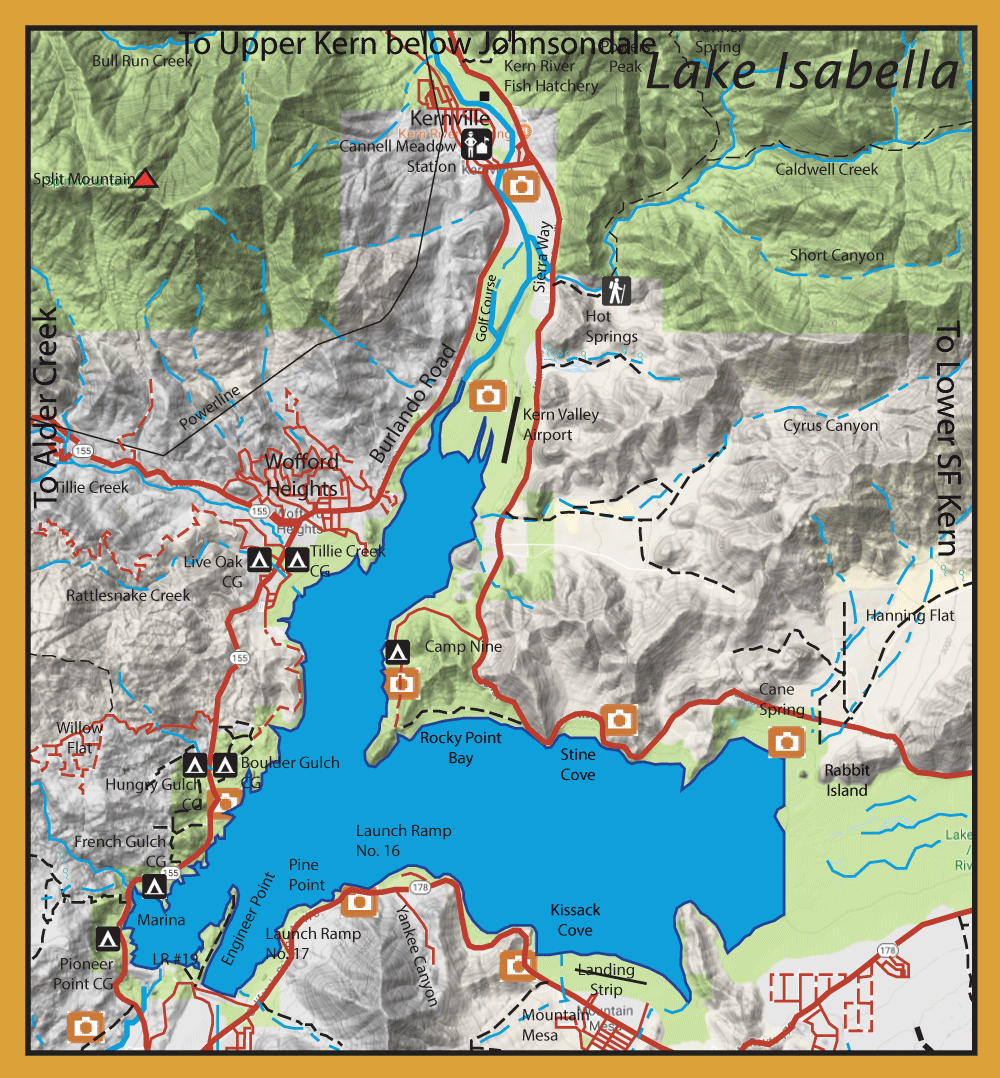 Topographic map of the Lake Isabella area showing roads, trails, water, and icons for campgrounds, parking, and viewpoints.