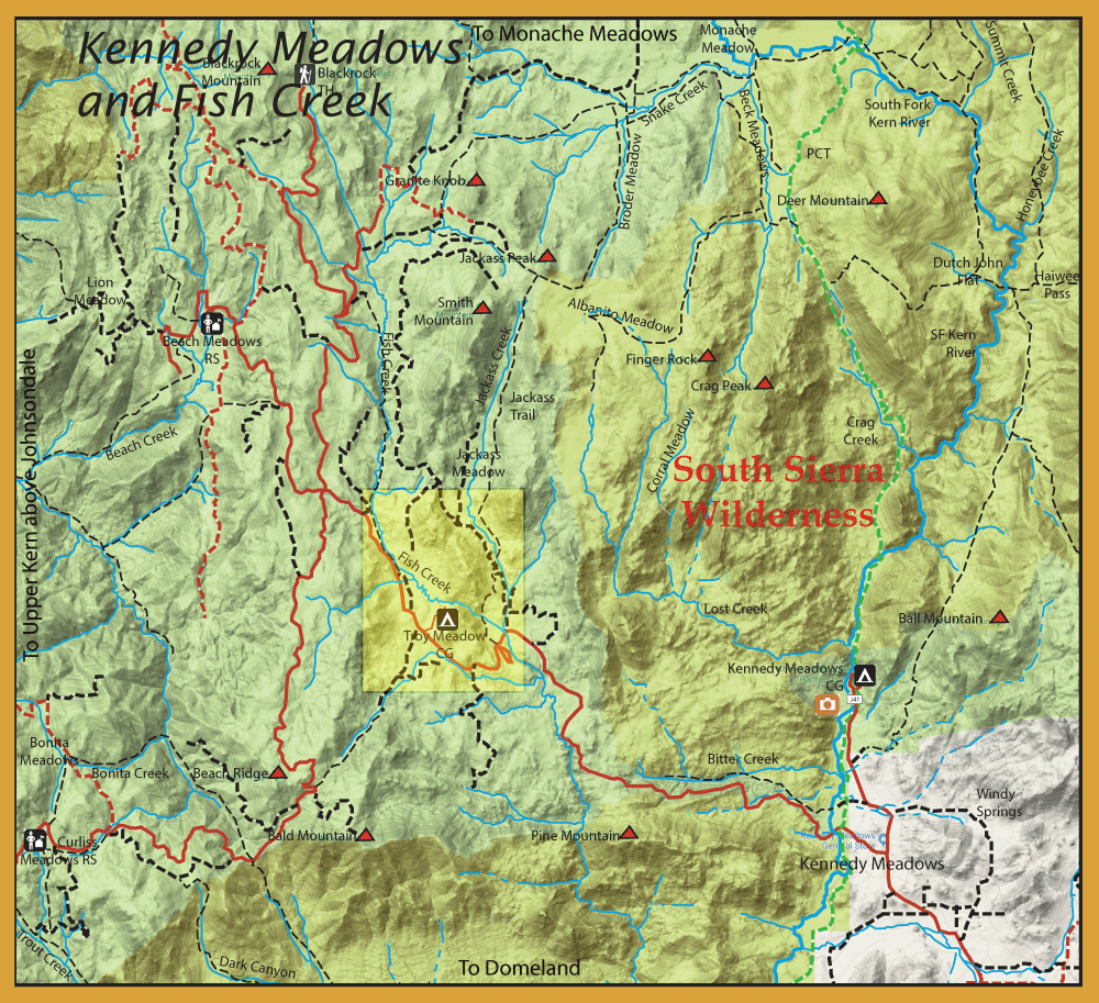 Topographic map of the South Sierra Wilderness showing Kennedy Meadows, Fish Creek, trails, rivers, and elevation shading for hikers and visitors