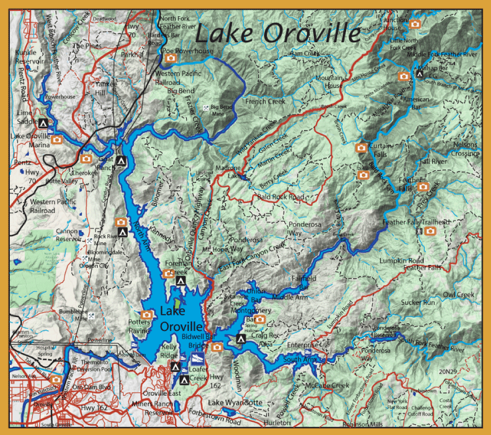 Map of Lake Oroville area showing lake, surrounding roads, and trails with landmarks and icons for points of interest nearby.