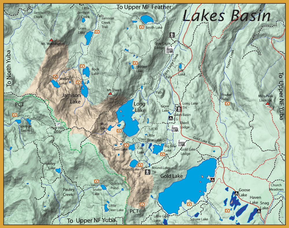 Topographic map of Lakes Basin area showing Jamison Lake, Long Lake, Gold Lake, Goose Lake, trails, and roads for navigation.