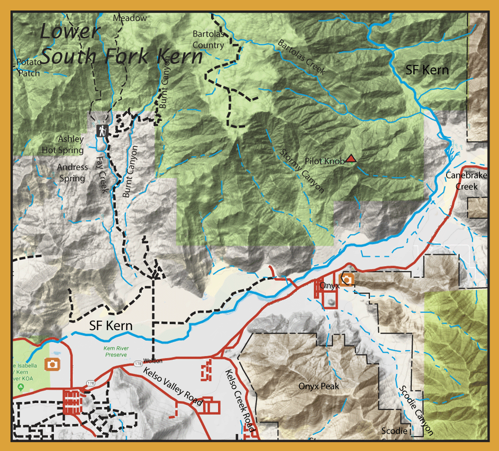 Topographic map of the Kern River area showing canyons, trails (dashed), streams (blue), and roads (red) with labeled places like Lower South Fork Kern and Onyx Peak.