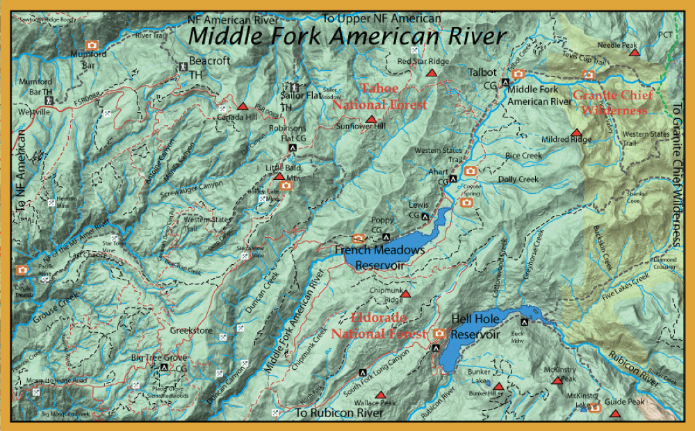 Topographic map of the Middle Fork American River area showing rivers, surrounding forests (Tahoe and Eldorado National Forests), and reservoirs French Meadows and Hell Hole.