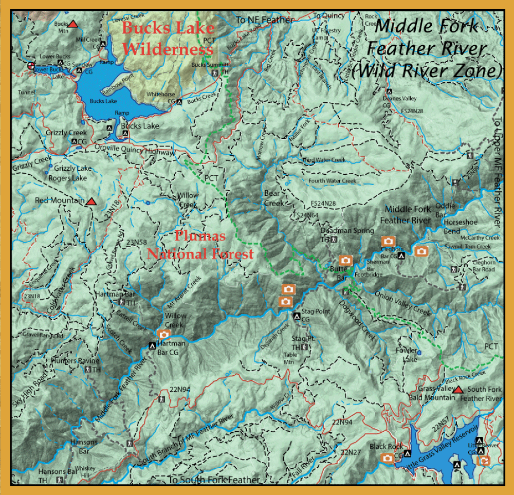 Topographic map of Buck Lake Wilderness in Plumas National Forest, showing rivers, trails, and orange camera icons along a route near the Middle Fork Feather River.
