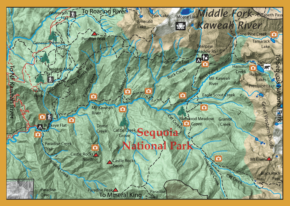 Detailed topographic map of Sequoia National Park showing trails, campsites, and landmarks.