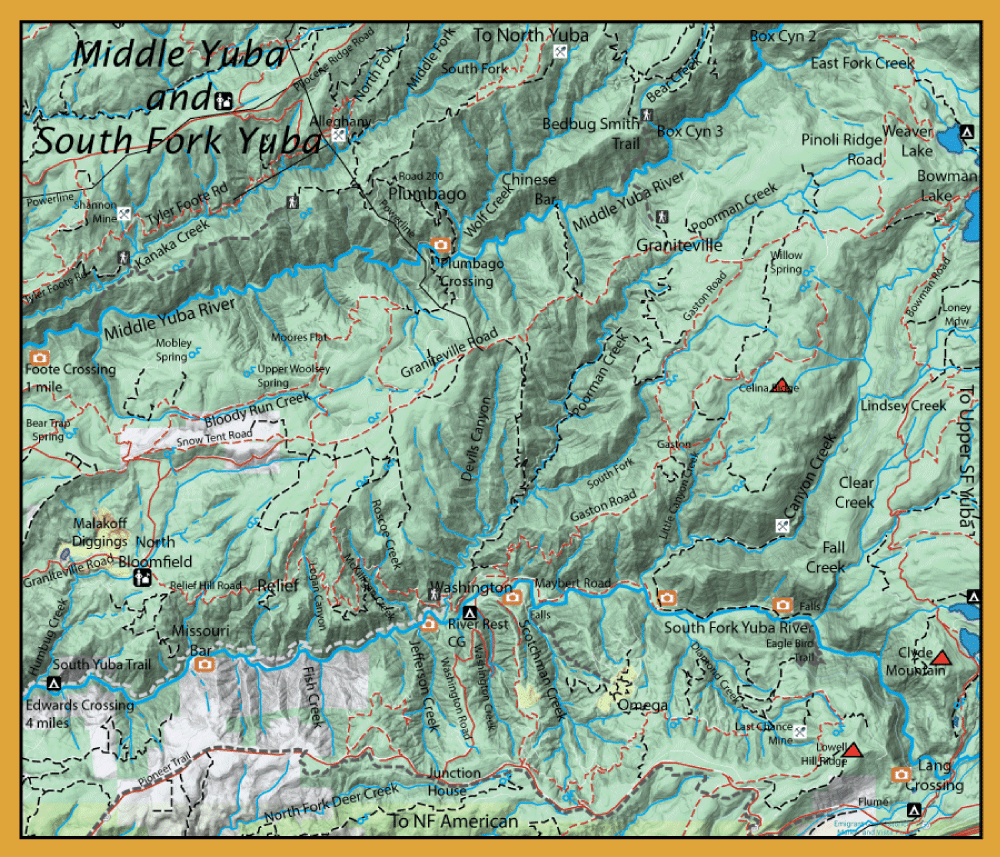 Topographic map of Middle Yuba and South Fork Yuba valleys with rivers, roads, and landmarks.