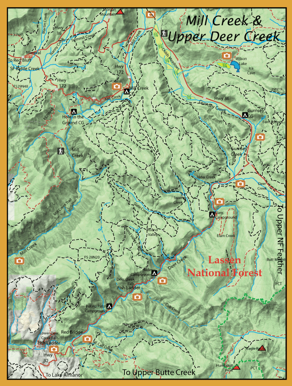 Topographic map of Lassen National Forest with trails, creeks, roads, and campground icons.