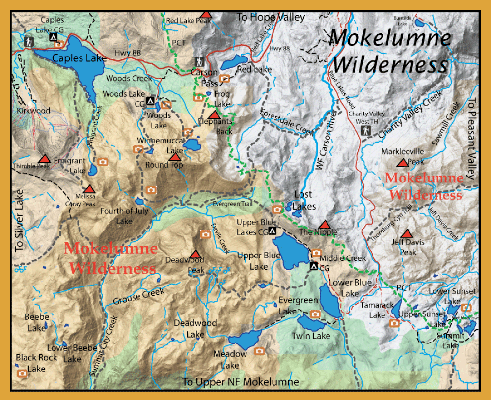 Topographic map of Mokelumne Wilderness showing lakes, trails, camps, and peaks labeled.