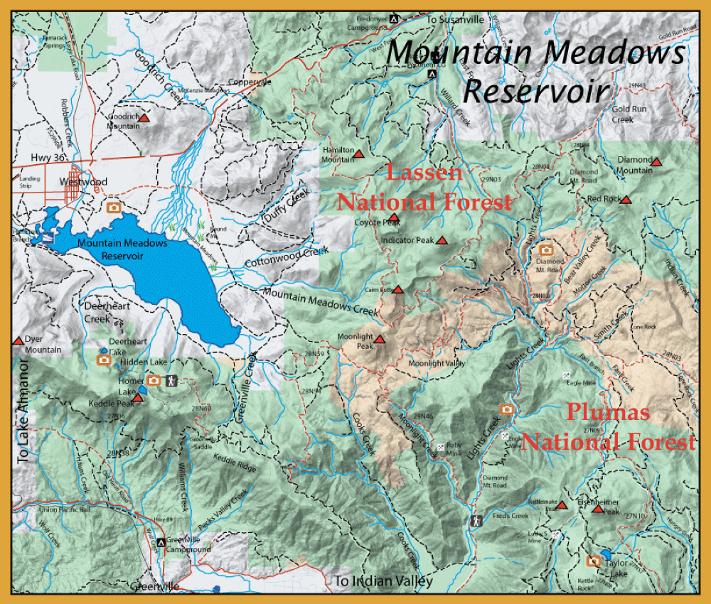 Topographic map of Mountain Meadows Reservoir area with Lassen and Plumas National Forests and surrounding routes and trails, in a mountainous region.