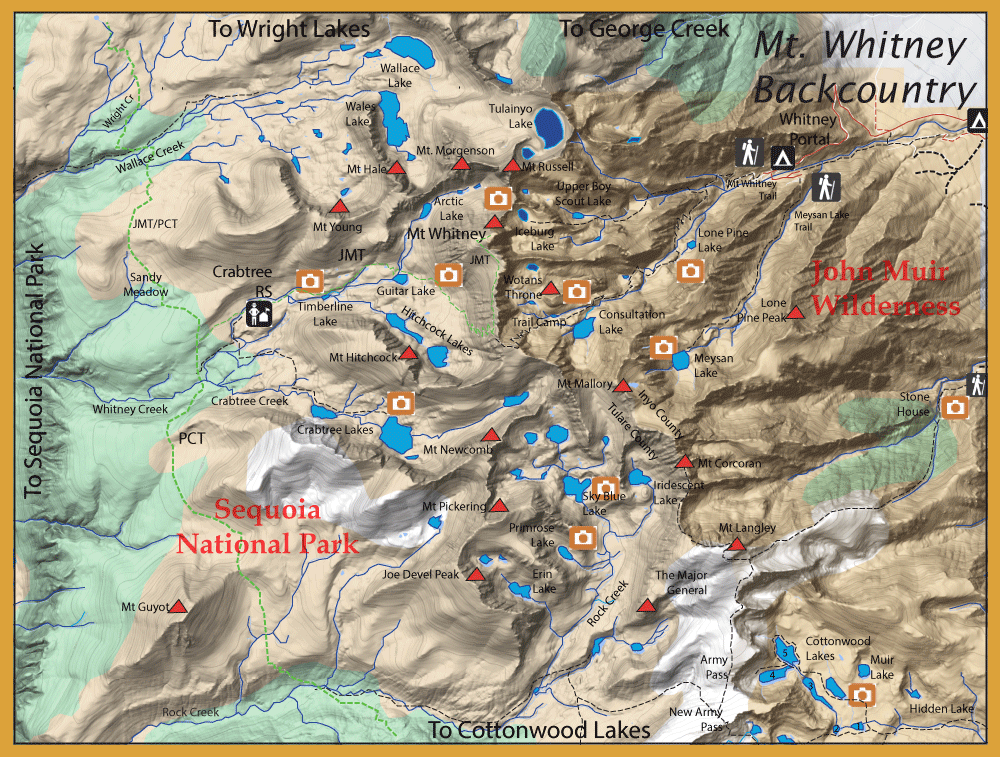 Topographic map of Mt. Whitney backcountry showing Sequoia National Park and John Muir Wilderness with lakes, trails, and camp icons.