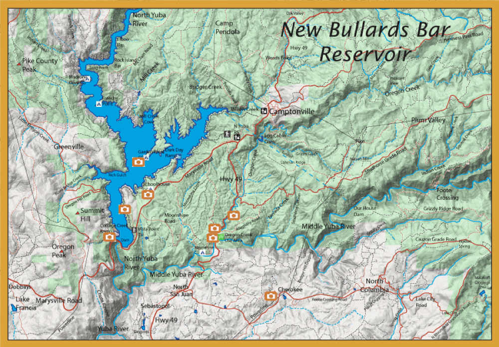 Topographic map of the New Bullards Bar Reservoir area with orange camera icons marking photo spots along Hwy 49.