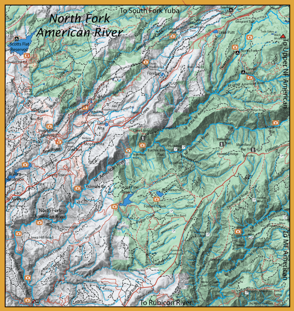 Topographic map of the North Fork American River area showing rivers, trails, and terrain features in a mountainous region.