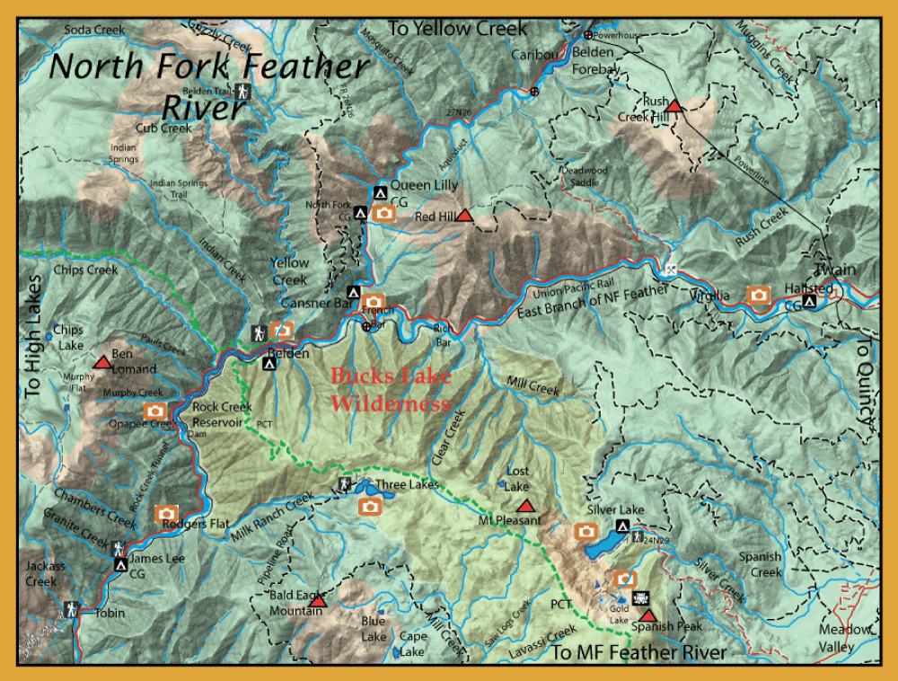 Topographic map of Bucks Lake Wilderness with contour shading, rivers (North Fork Feather River), lakes, trails, and camp icons.