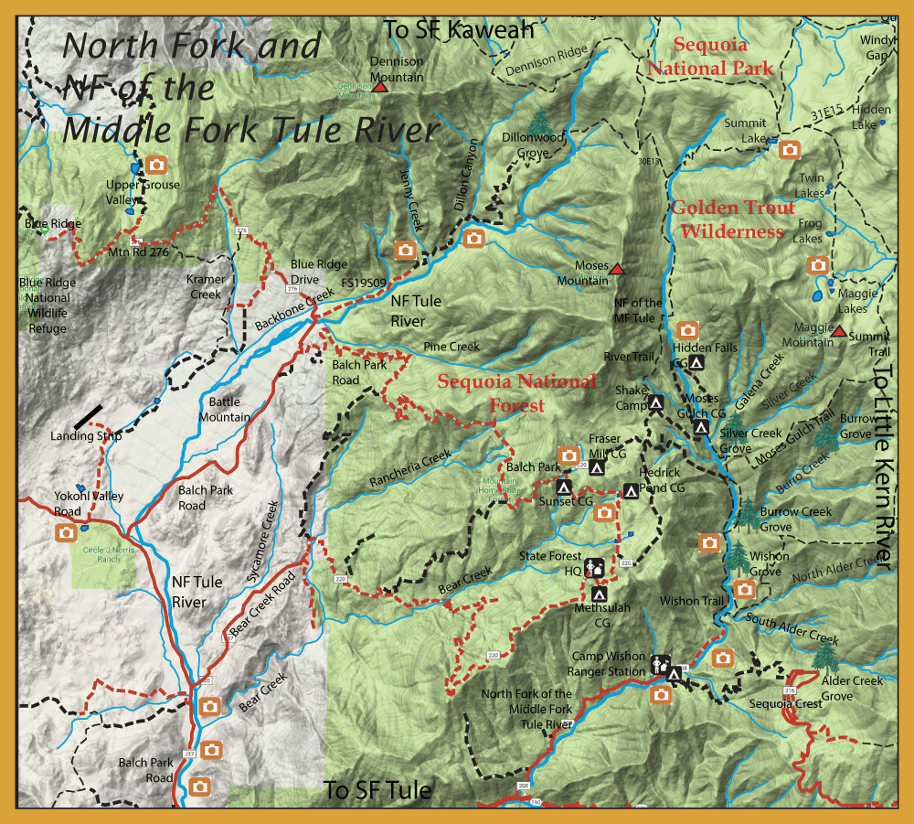 Topographic map of Sequoia National Forest and Golden Trout Wilderness showing rivers, trails, and campground icons along the Tule River.