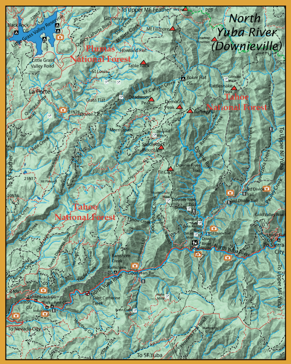 Topographic map of the Downieville area in Northern California, showing Plumas and Tahoe National Forests, rivers, trails, and roads.