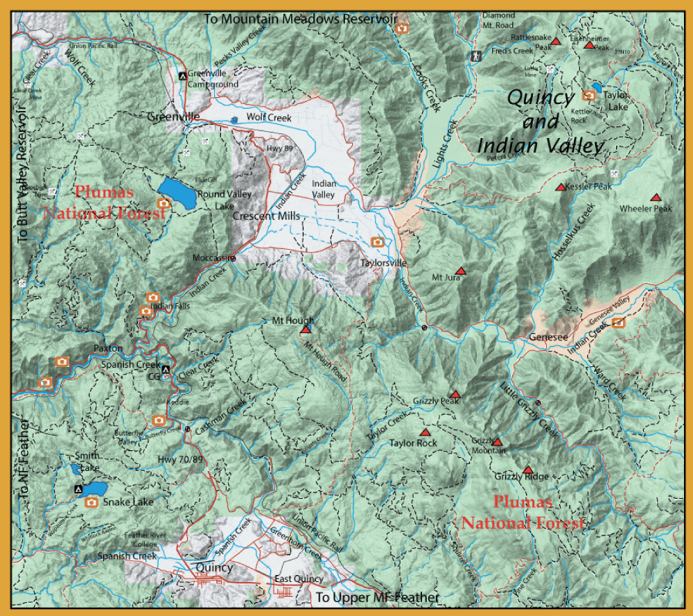 Topographic map of Plumas National Forest in Northern California, showing lakes (Round Valley, Snake Lake), valleys (Quincy/Indian Valley), trails and roads, contour shading, and towns like Quincy and Taylorsville.