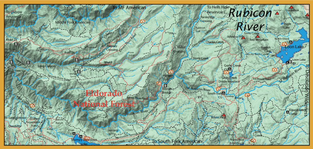 Topographic map of Eldorado National Forest with the Rubicon River and surrounding terrain, trails, and contour lines visible in detail (California).